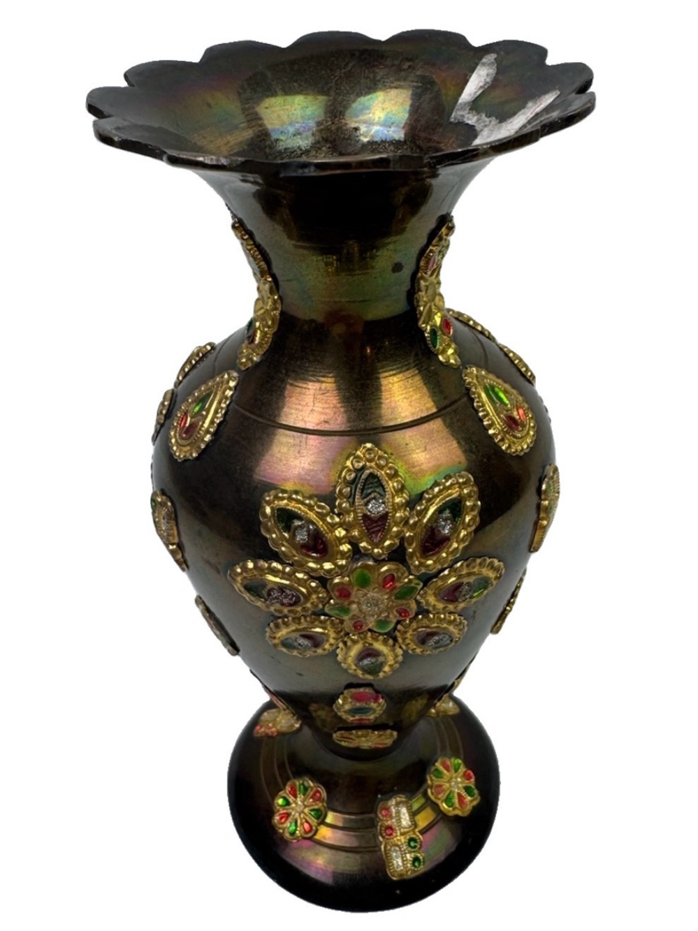 Indian? Iridescent Brass Vase Enamel Gem Medallion Scalloped Rim 6” Decor VTG